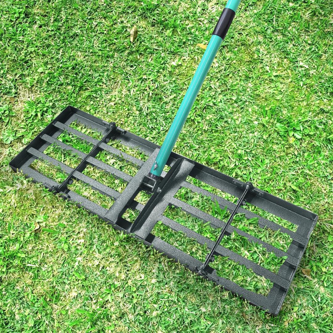 Breeze Touch Lawn Leveling Rake 48x10 Weighted & Collapsible Plate, Heavy Duty Yard Leveler Rake with 77" Adjustable Stainless Steel Handle, Lawn Tools for Gardening, Golf Course, Farm, Pasture