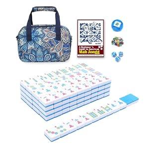 Kyerlish American Mahjong Tile Set with Printed Handbag, 166 Premium Blue Tile and Accessories, Portable and Stylish Mahjong Set, Mahjong Game Set for Travel, Gifts（Blue, No Racks）