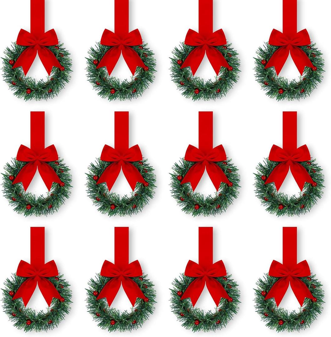 Retrowavy 12 Pcs Christmas Kitchen Cabinet Wreaths with Ribbon 3.94 Inch Mini Christmas Wreath Small Kitchen Xmas Decor for Window Door(Dark Red,Classic Style)