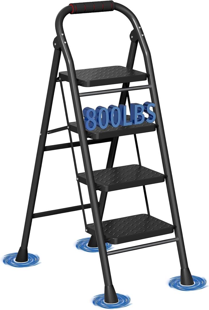4 Step Ladder, Foldable Step Stool with Wide Anti-Slip Pedal & Thick Rubber Feet, Cushioned Handle, Safe-Lock Design, Folding Portable Ladder for Multi-Purpose, 800lb, Black