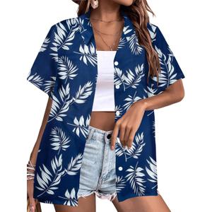 Womens Hawaiian Shirt Hawaii Button Down Shirts Palm Floral Tropical Vacation Outfits Casual Summer Trip Blouse Top (Blue, XL)