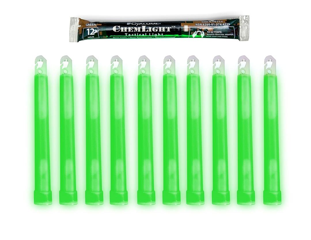 Cyalume Military Grade Green Glow Sticks - Premium Bright 6 ChemLight Emergency Glow Sticks with 12 Hour Duration (Bulk Pack of 10 Chem Lights)
