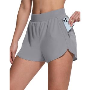 Womens High Waisted Running Shorts Quick Dry Stretch Workout Dolphin Shorts with Zip Pocket for Gym Athletic Tennis (Medium, Light Grey)