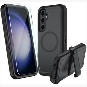 Magnetic Case for Galaxy S24 5G case,Samsung S24 Heavy Duty case,[Military Grade Protective ],[Shockproof] [Dropproof] [Dust-Proof], (with Belt Clip, Black-MAG)
