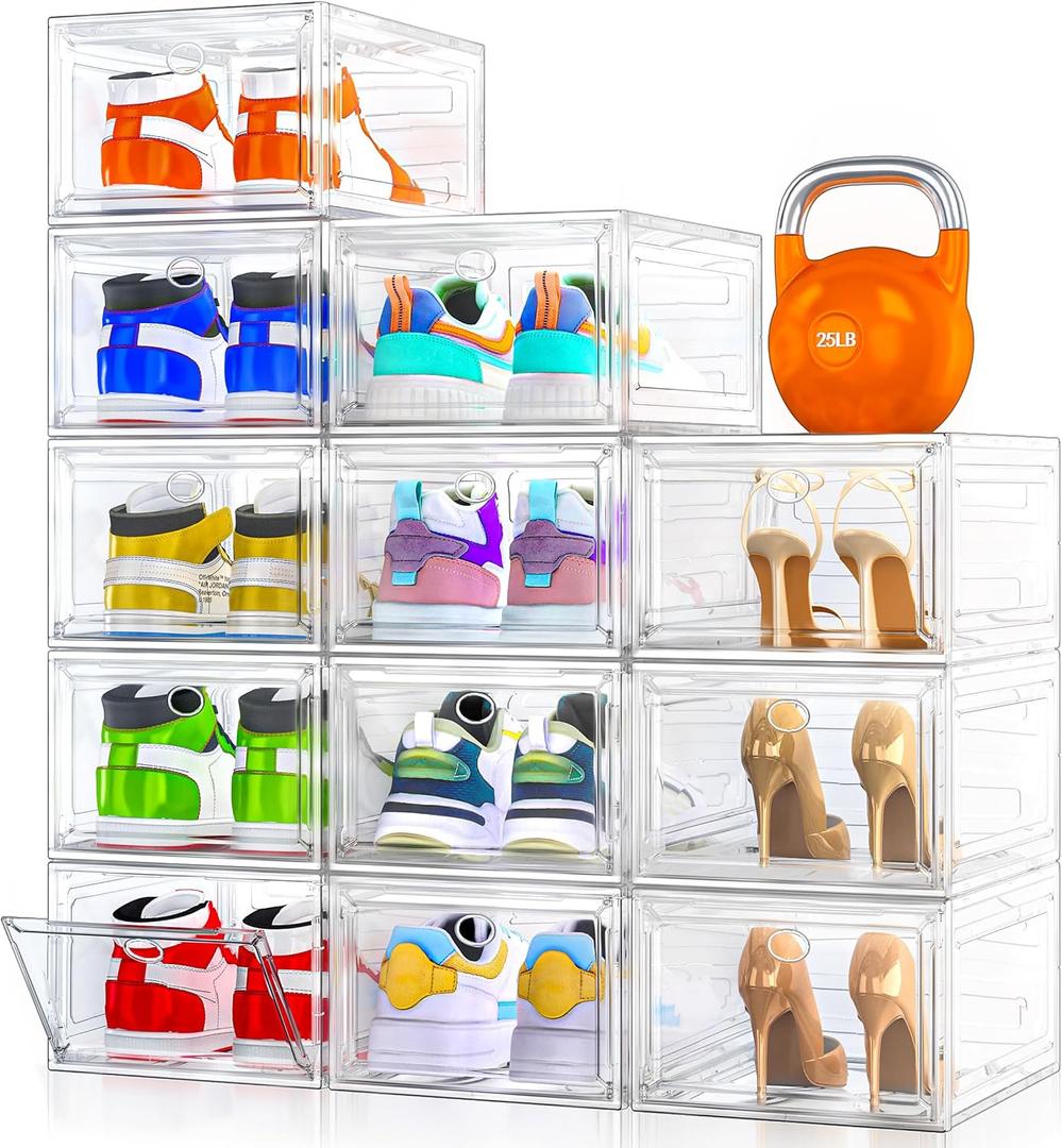12 Pack Clear Shoe Storage Organizer with Magnetic Door, Stackable Plastic Shoe Boxes for Sneakers, Boots and Heels, Space-Saving Foldable Shoe Rack for Closet, Durable Shoe Cabinet Organizer, White