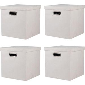 Storage Bins with Lids, Collapsible Linen Fabric Boxes Organizer Containers with Lid Foldable Storage Box Basket for Closet, Shelves, Home, Office, 12 x 12 x 12.4 Inch, 4 Pack, Beige