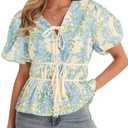 Cicy Bell Womens Puff Sleeve Tie Front Tops Summer Babydoll Peplum V Neck Blouse Casual Dressy Pleated Floral Print Shirts, Large