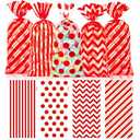 100 PCS Red Stripe Easter Cellophane Treat Bags - 5x11 In Candy Bags with 110 Gold Ties for Kids, Food Grade Plastic Easter Goodie Bags for Cookies, Snacks, Farmhouse Party Favors & Gift Packaging