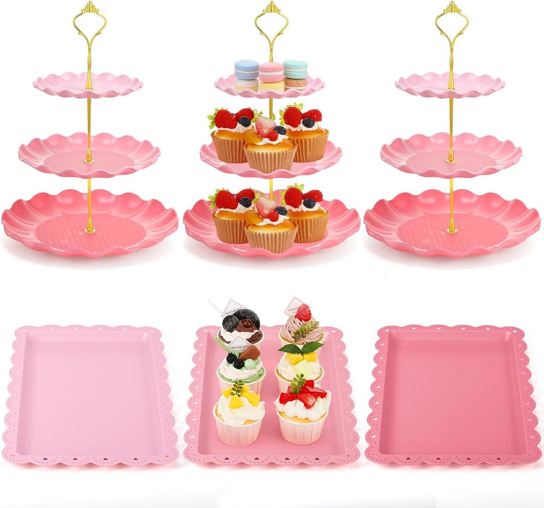 FoldTier 6 Pack Cupcake Stand Set 3 Pcs 3 Tier Gradient Dessert Table Display Stands Cookie Tray Rack 3 X14 in Rectangle Party Trays for Wedding Birthday Tea Party Baby Shower(Pink,Round)