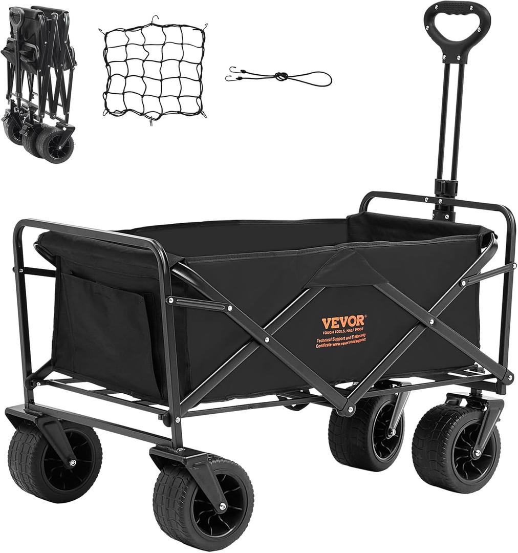 VEVOR 350lbs Collapsible Foldable Wagon Cart, Heavy Duty Foldable Utility Beach Wagon with Big Wheels, Portable Grocery Camping Cart with All Terrain Wheels and Drink Holder