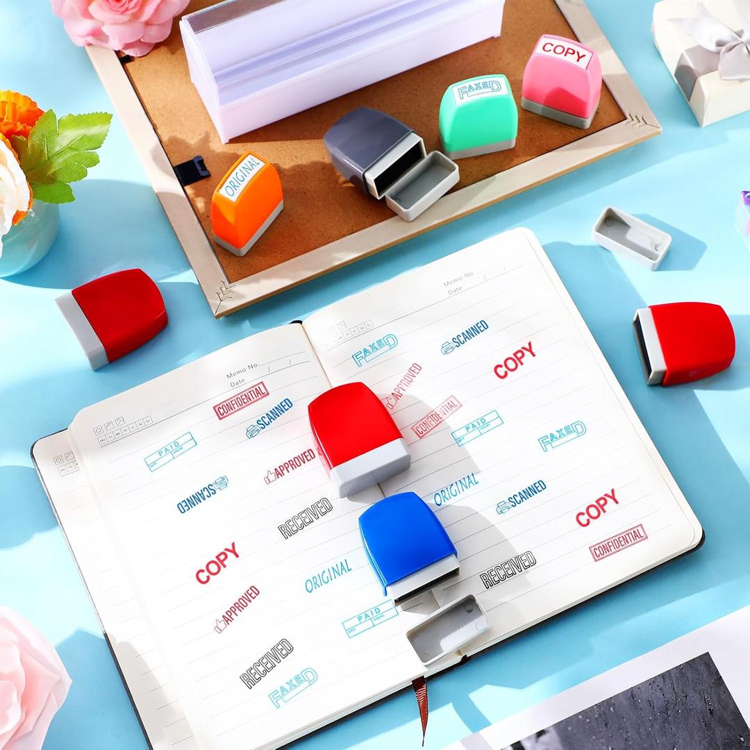 Crtiin 8Pcs Office Stamp Set Message Self Inking Rubber Stamp Set for Office Stamps Completed Faxed Scanned Stamps for Message Supplies(Mixed Colors)
