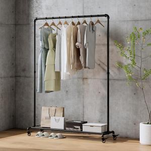 Industrial Pipe Clothing Rack with Wheels,Rolling Garment Rack with Bottom Shelf, Sturdy Metal Clothes Rack for Hanging Clothes Heavy Duty,Black Mobile Wardrobe Rack for Bedroom & Boutique