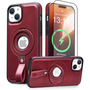 for iPhone 14 /iPhone 13 Leather Case with Stand, Anti-Slip Grip Ring, Fits for MagSafe (Burgundy, IP14/13-6.1inch)