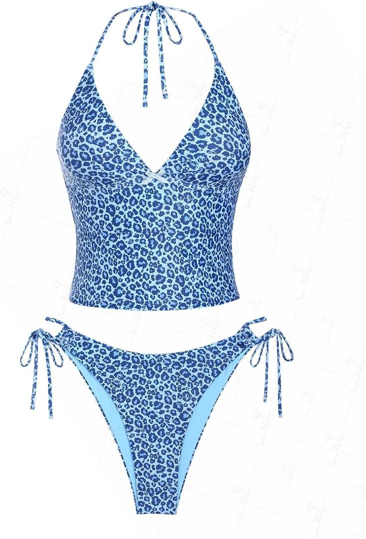 seamoly Women's Tankinis Striped Halter String Tie Side 2 Piece Tankini Sets Swimsuit (Blue-07), XS