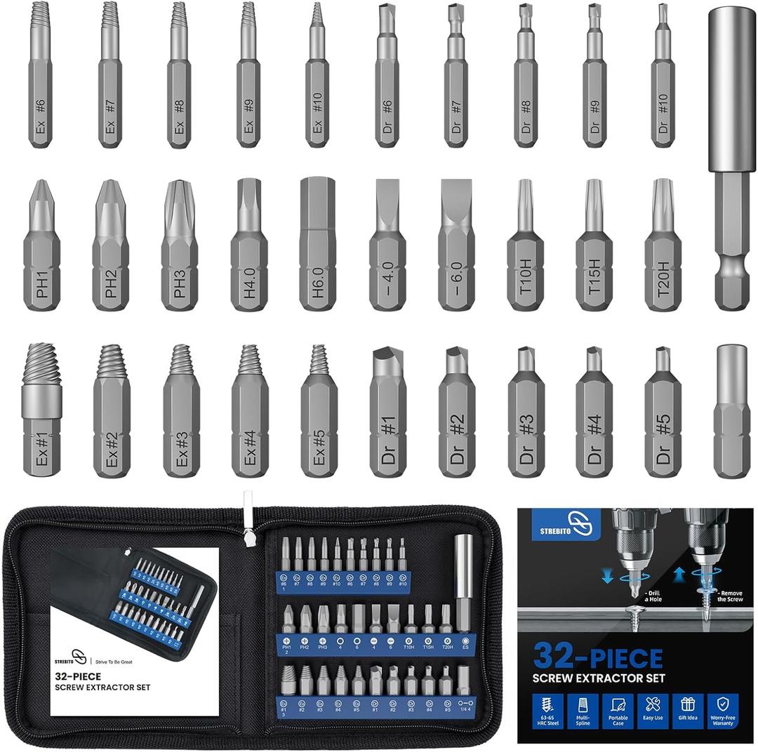 STREBITO Damaged Screw Extractor Set, 32PCS Stripped Screw Extractor with Magnetic Extension Shaft & Socket Adapter, Stripped Screws Nuts & Bolts Drill Bit Tools for Easy Removal of Rusty Broken Screw