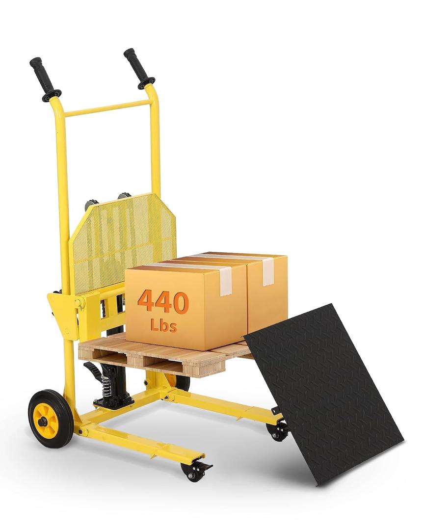 Hydraulic Material Lift, 440 LBS Capacity Pallet Truck Dolly, Lift Table, Fork Lift, 36 in Max Lift Winch Stacker, Multifunctional Hydraulic Hand Truck with Steel Platform Board, Adjustable Forks