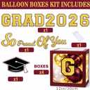 Graduation Decorations Class of 2026 Maroon and Gold Balloon Boxes for High School & College, Congrats Grad Party Table Decorations with 4 String Lights, 2026 GRAD So Proud of You Letters