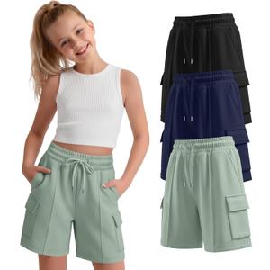 3 Pack Girls' Bermuda Cargo Shorts with 4 Pockets Knee Length Drawstring Wide Leg Casual Sweat Shorts for Ages 5-14 (7-8 Years, Navy Blue, Light Green, Black)