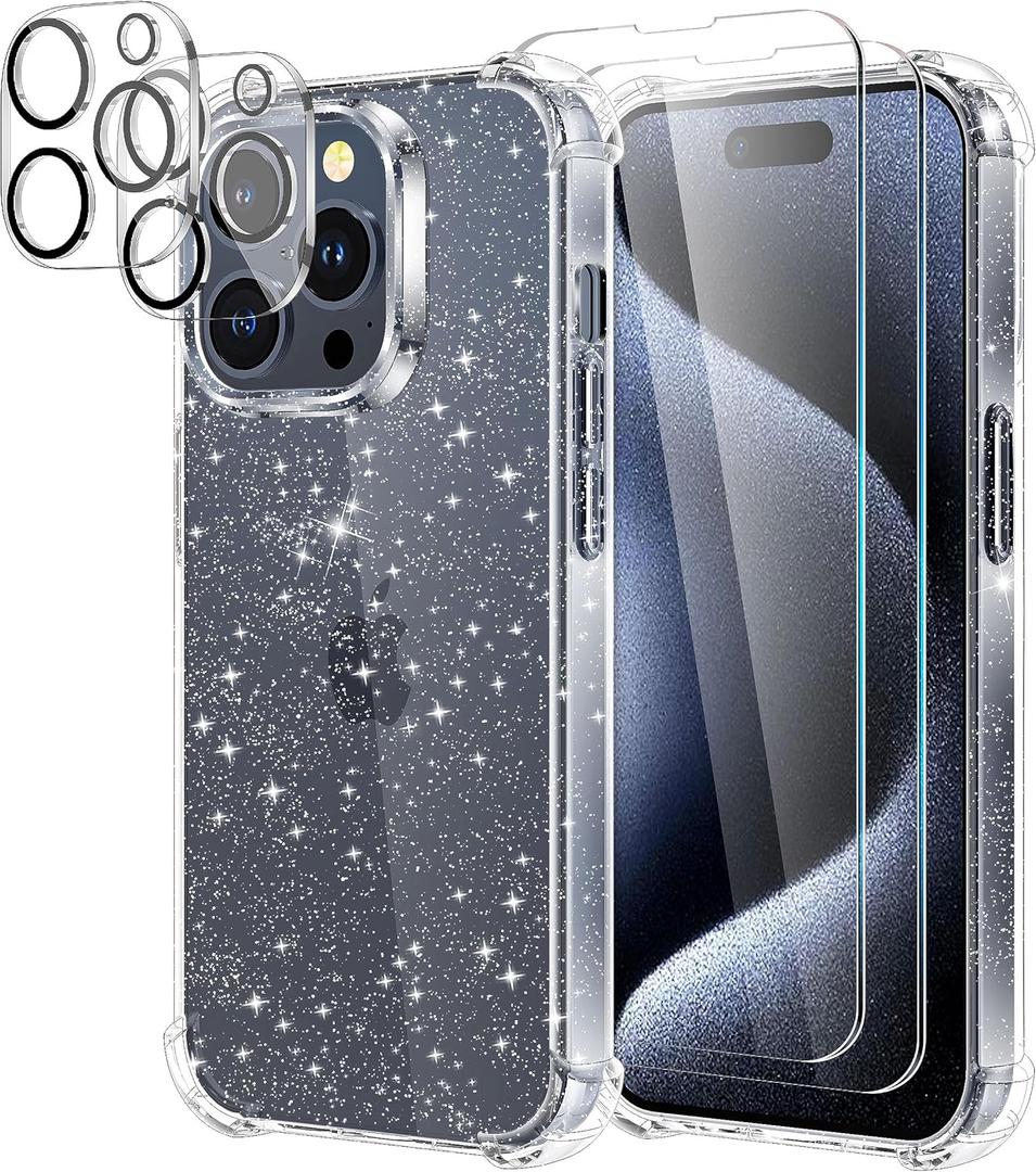 KSWOUS for iPhone 15 Pro Case Glitter with 2 Pack Screen Protector + 2 Pack Camera Lens Protector, Clear Glittering Cute Phone Case Shockproof Soft TPU Bumper Cover for Women Girls