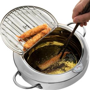 Yopay 304 Stainless Steel Deep Fryer Pot, Frying Chicken Pot, Tempura deep Fryer with a Thermometer and a lid, Japanese Style Tempura Fryer Pan,2.2L