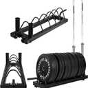 Fitvids Horizontal Plate and Olympic Bar Rack Organizer with Steel Frame and Transport Wheels, 5 Storage Spaces (Black)
