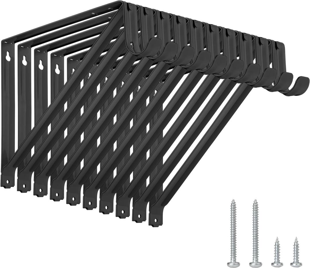 10 Pack Heavy Duty Closet Shelf & Rod Brackets, Wall Mounted Closet Shelf Brackets, 11 x 9.45 Inch Closet Shelf Brackets with Rod Support, Black