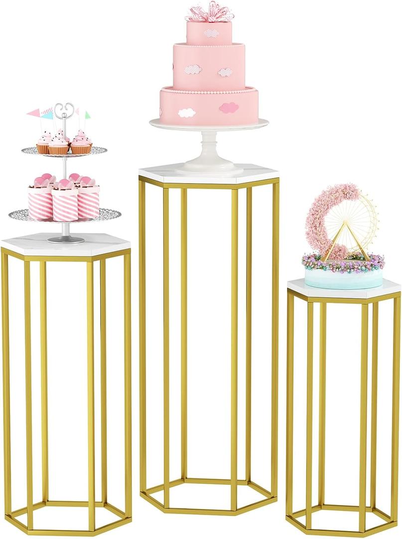 Urban Deco Cylinder Stands for Party, Set of 3 Gold Metal Hexagon Cake Pedestal Stand with Marbled Countertop, Flower Plant Pedestal Stands for Display Parties Wedding Birthday Decor, 3PCS, Gold