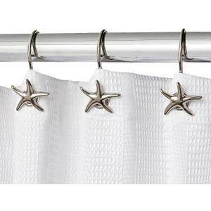 Starfish Shower Curtain Hooks 12-Pack Decorative Chrome Bathroom Hooks for Bathroom Shower Curtains, Premium Chrome Craftsmanship, Easy Install, Coastal Beach Nautical Decor