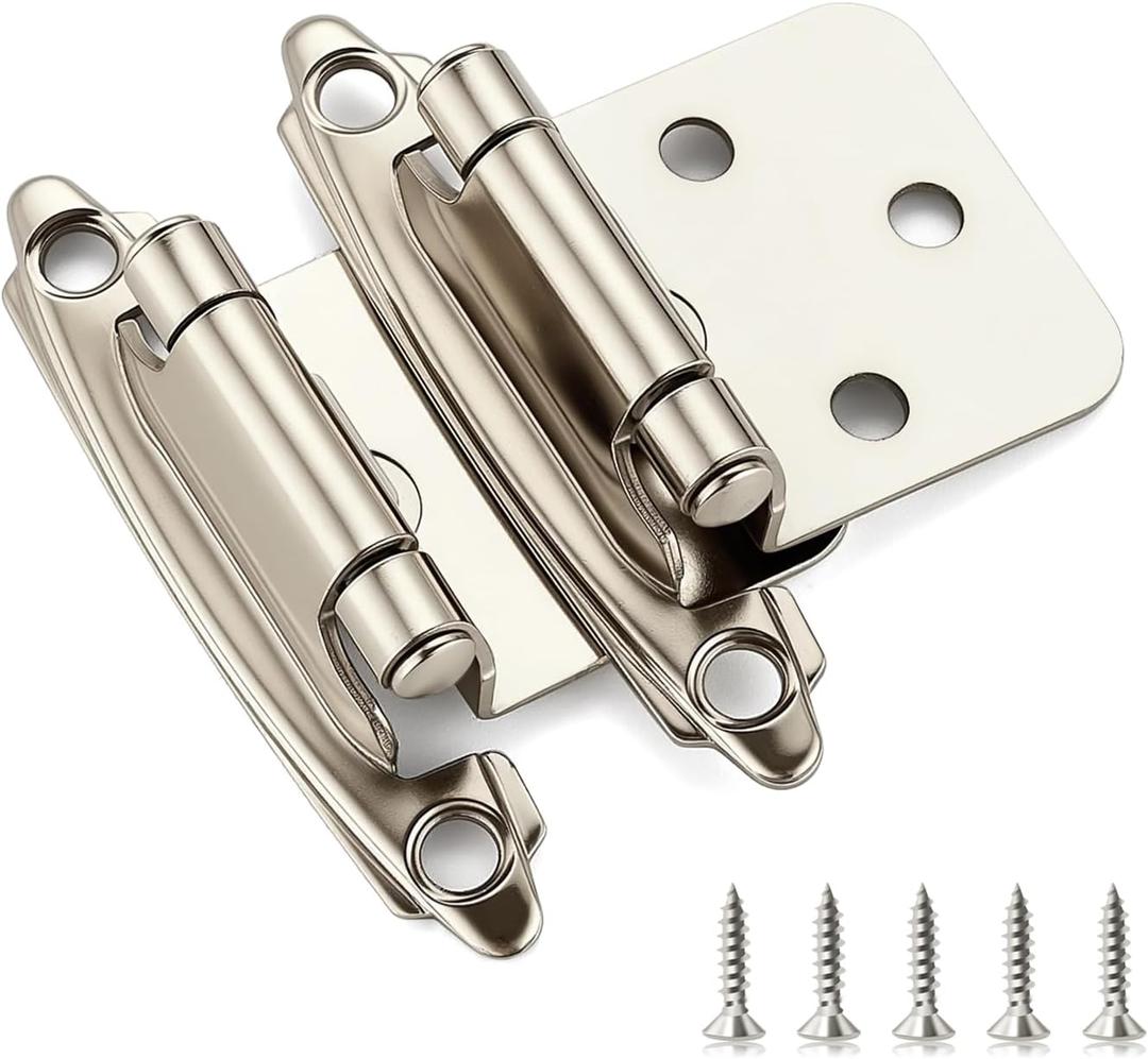Ravinte 4 Pack (2 Pairs) 1/2" Overlay Cabinet Hinges, Self-Closing Semi-Concealed Face Mount, Satin Nickel Decorative Hardware with Door Bumpers for Kitchen & Cupboard Doors, Silver
