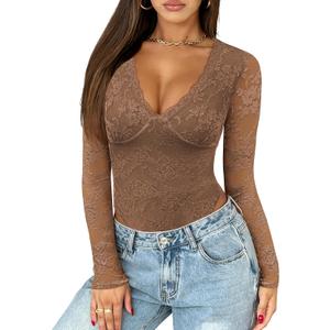 Saslax Women's Lace Bodysuit Sexy Deep V Neck Long Sleeve Body Suits Thong Slim Fit Double Lined Y2K Going Out Tops (XX-Large, Brown)