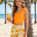 GEMLON Girls Tankini Swimsuit Solid Tank Top with Tropical Printed Shorts 2 Piece Girls Bathing Suits Size 15-16Y (Orange)