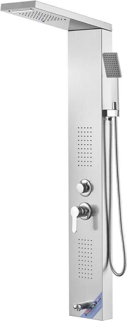 VEVOR Shower Panel System, 5 Shower Modes, LED Shower Panel Tower, Rainfall, Waterfall, 2 Body Massage Jets, Tub Spout, Handheld Shower Head with 59" Hose, Stainless Steel Wall-Mounted Shower Set