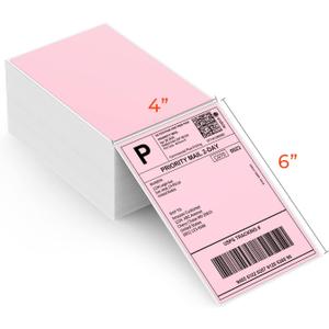 MUNBYN 4"x6" Pink Direct Thermal Shipping Labels, Commercial Grade Permanent Adhesive Fanfold Mailing Postage Label Paper for Thermal Printers and Packages, 500 Sheets per Stack