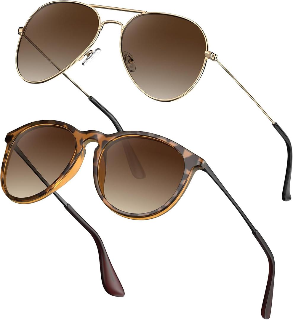 STGATN 2 Packs Round & Aviator Polarized Sunglasses for Women Men UV400 Protection (A. Round Matte Tortoise/Gradient Brown + Aviator Gold/Gradient Brown)
