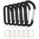 CampTek 6PCS Black Carabiner Caribeaner Clip,3" Large Aluminum D Ring Shape Carabeaner with 6PCS Keyring Keychain Hook