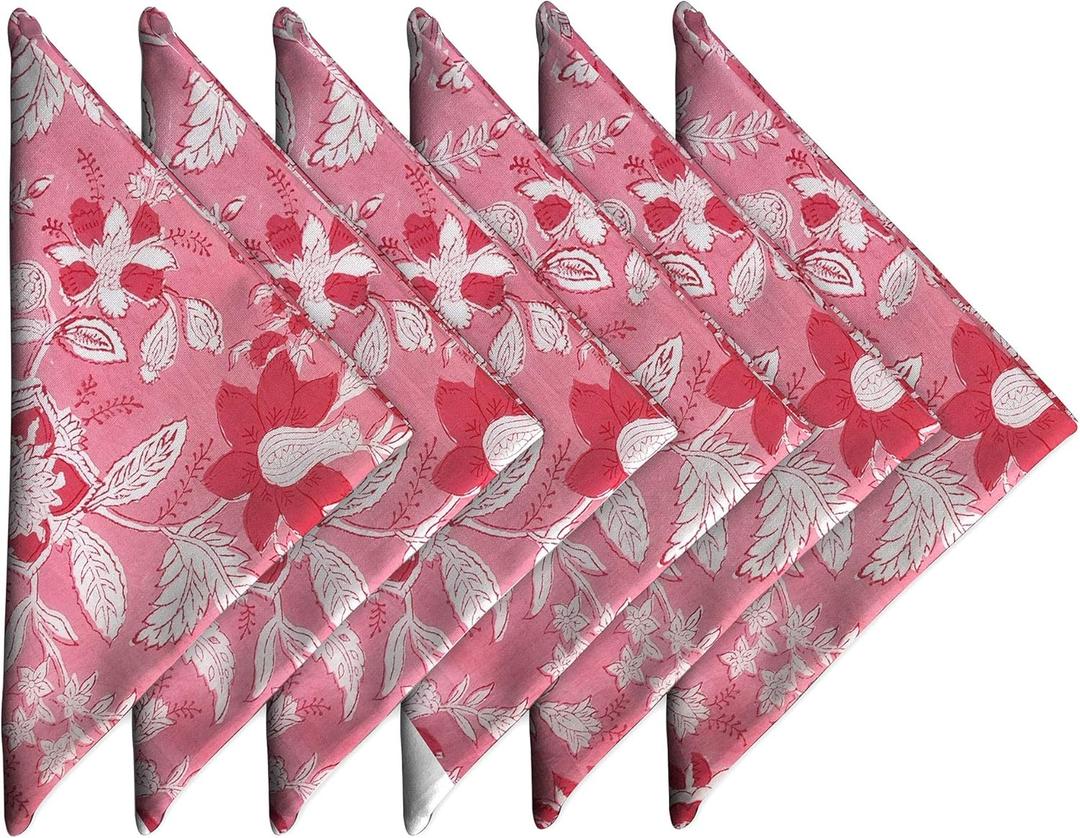 AVKA Studio Cotton Dinner Napkins 18x18 inches - Washable Cloth Napkins Set of 6 - Everyday Use or Dinner Party and Events - Pink Lighweight Indian Block Printed Fabric