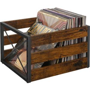 YINMIT Vinyl Record Storage, Large LP Vinyl Record Storage Crate, Metal & Wooden Record Holder, Cube Record Organizer Box, Holds up to 80+ Records