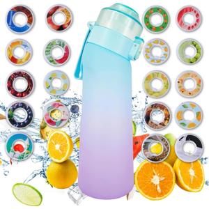 Air Scent Water Bottle with 12 Flavor Pods 650ML Fruit Fragrance Scented Water Cup BPA Free 0% Sugar For Fitness And Outdoor (Gradient Blue Bottle+12 pods in random flavors)