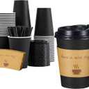 Lamosi 12 oz Disposable Coffee Cups with Lids 50 Pack, Hot Paper To Go Cups with Lids, Stir Sticks and Sleeves, for Home, Travel, Office