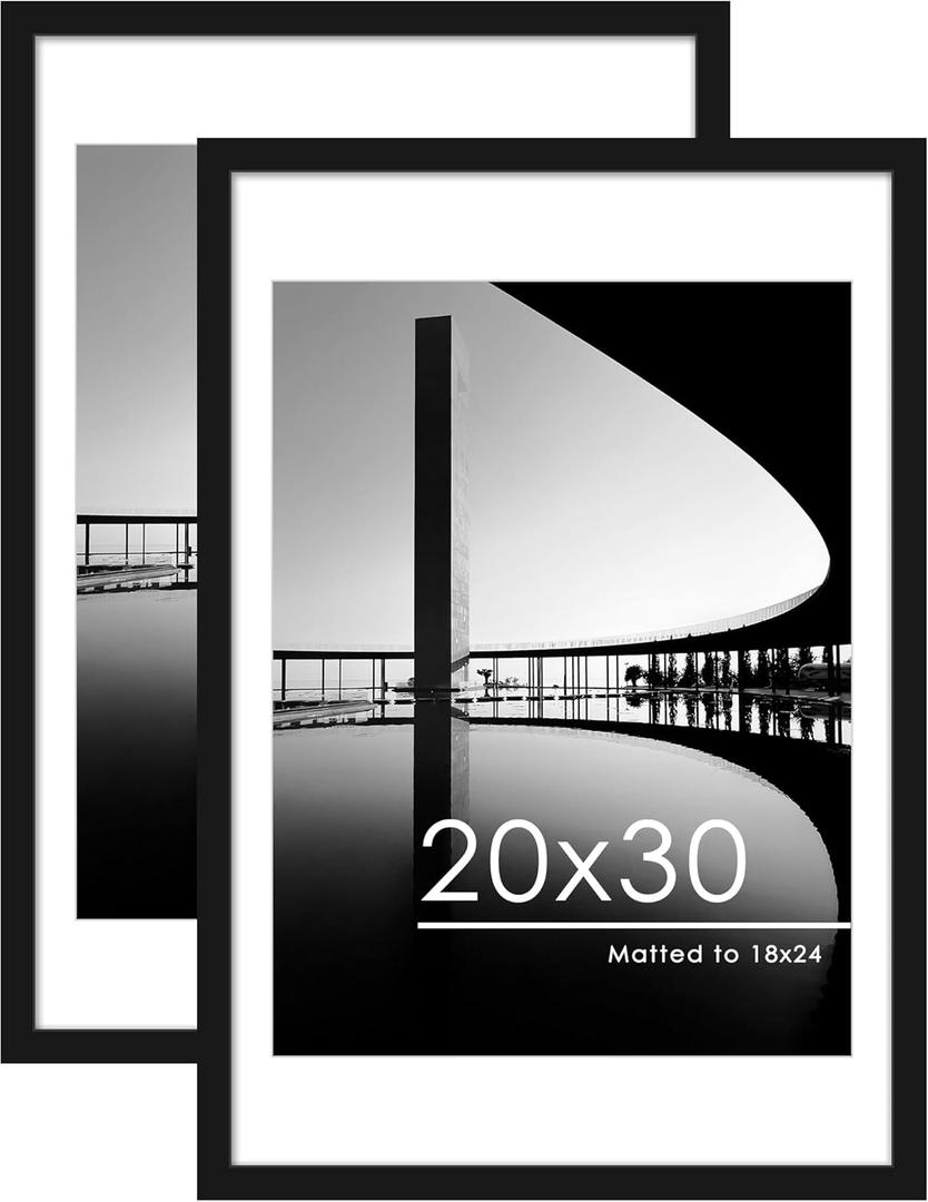 PEALSN 20x30 Picture Frame Set of 2, Display Pictures 18 x 24 with Mat or 20 x 30 Without Mat for Wall Mounting Display, Poster Frames, Black