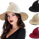Halloween Witch Hat for Women - Wide Brim Foldable Wool Knitted Hat for Party Cosplay Costume Halloween Accessories (One Size, Off-white)