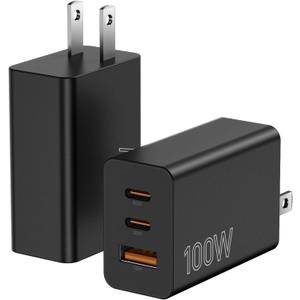2Pack 100W USB C Charger Block, 3Port Fast Charging Adapter, Type C Fast Charging Blocks Cube PD USBC Wall Plug+QC3.0 USB A Charger Brick for MacBook Pro/Air,iPad,iPhone 17/16,Samsung S25 &More-Black