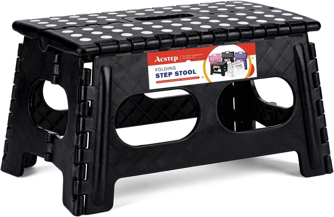 ACSTEP Folding Step Stool,15" Extra Wide 9" Height Heavy Duty Stepping Stool More Safe and Comfortable Non Slip Foldable Step Stool for Kids and Adults Black (9", Widen Black)