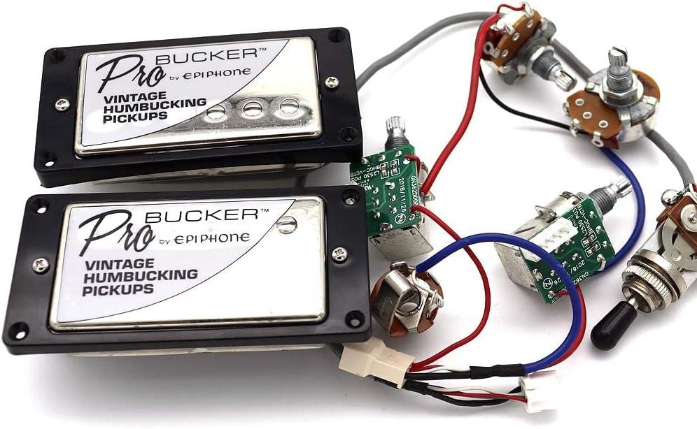 1 Set ProBucker Alnico Bridge&Neck Pickups with Pro Wiring Harness Pots&3 Way Switches Universal for Electric Guitar (Chrome (Black Ring))