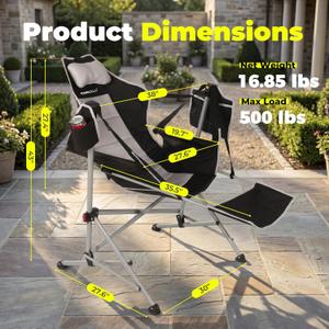 Hammock Camping Chair with Footrest, Oversized Swinging Folding Camp Chair for Adults, Adjustable Back & Seat, Heavy Duty Rocking Chair with Cup Holder & Pillow for Outdoor Patio Lawn RV, Black
