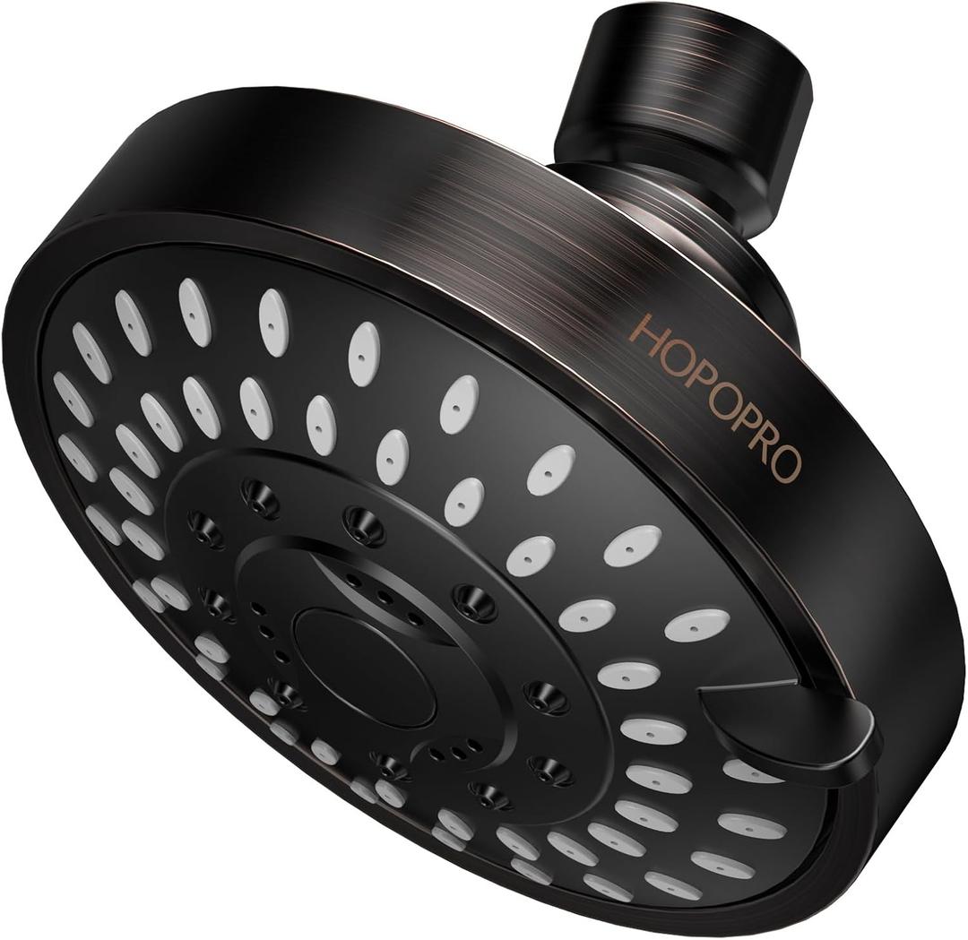 HOPOPRO High Pressure Shower Head with 5 Different Shower Modes, 4.1 Inches High Flow Showerhead for Low Pressure, Tool-less 1-Min Installation - Oil Rubbed Bronze)