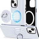 Jusy Compatible with Magsafe Striped Phone Case for iPhone 14 Plus, Cute Aesthetic Magnetic Ring Holder Stand Case, Soft TPU and Hard PC Protective Phone Cover for Women Girls - Blue Striped