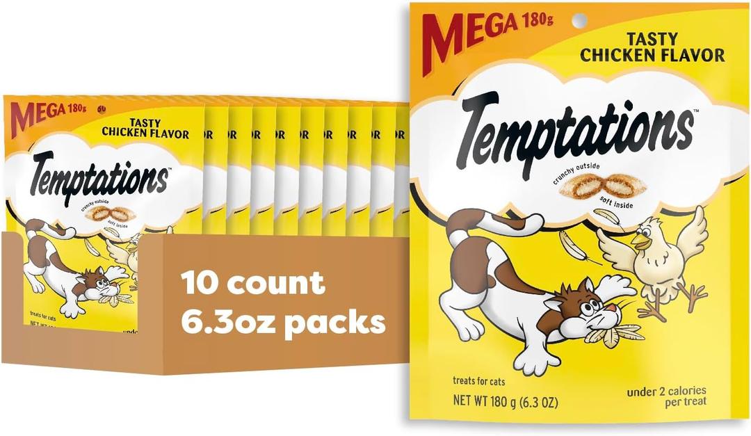 Temptations Classic Crunchy and Soft Cat Treats, Tasty Chicken, 6.3oz, 10pk Under 2 calories per treat, 100% complete & balanced for adults, resealable stay-fresh pouch, snack, meal, or food topper, BBD: 09-2027