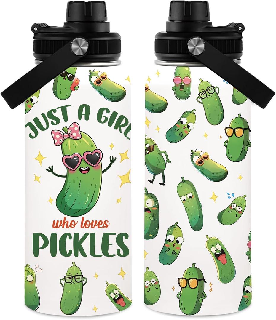 Pickle Gifts for Women, 32 oz Insulated Water Bottle, Just a Girl Who Loves Pickles Tumbler, Stainless Steel Water Bottles, Funny Pickle Cup Gifts (1pcs) (Cucumber)