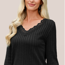Tankaneo Womens Lace V Neck Tunic Tops Long Sleeve Ribbed Knit Shirts Fall Casual Basic Tees M